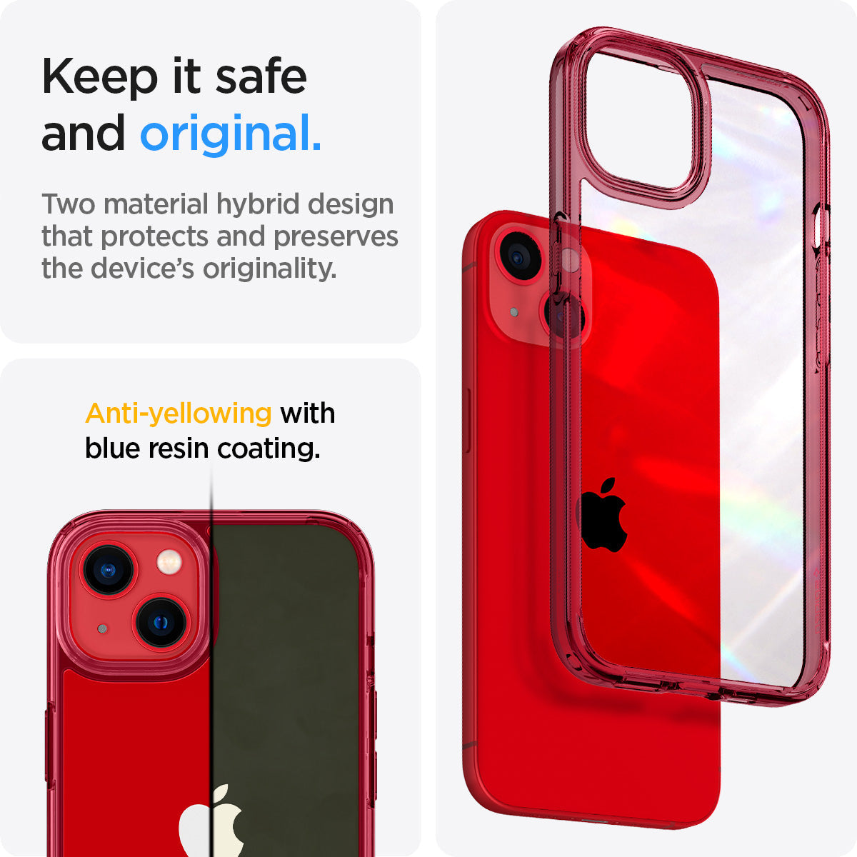 ACS03319 - iPhone 13 Mini Case Ultra Hybrid in red crystal showing the two material hybrid design that protects and preserves the device's originality. Anti-yellowing with blue resin coating
