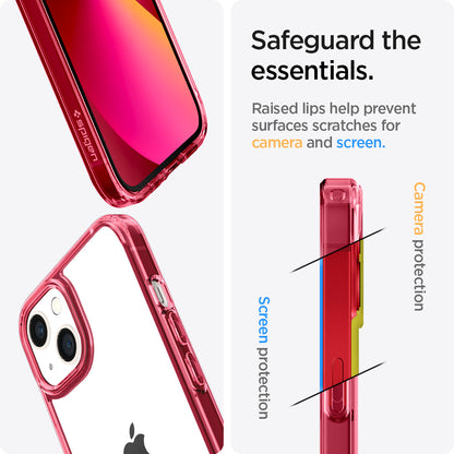 ACS03319 - iPhone 13 Mini Case Ultra Hybrid in red crystal showing the raised lips help prevent surfaces scratches for camera and screen. Screen protection and Camera protection