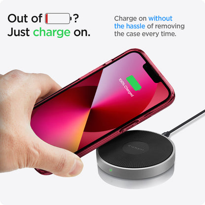 ACS03319 - iPhone 13 Mini Case Ultra Hybrid in red crystal showing the charging on without the hassle of removing the case every time