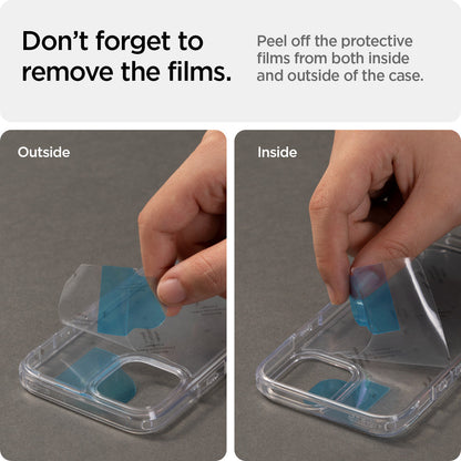ACS03320 - iPhone 13 Mini Case Ultra Hybrid in rose crystal showing the peeling off the protective films from both inside and outside of the case