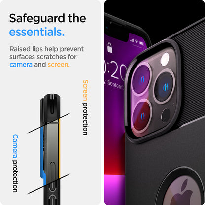 ACS03200 - iPhone 13 Pro Max Case Rugged Armor in matte black showing raised lips help to prevent surfaces scratches for camera and screen. Camera protection and screen protection