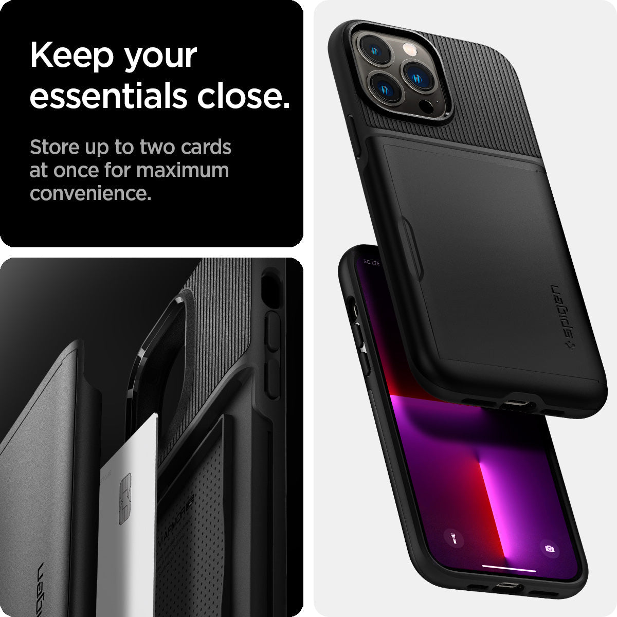 ACS03218 - iPhone 13 Pro Max Case Slim Armor CS in black showing keep your essentials close. Store up to two cards at once for maximum convenience.