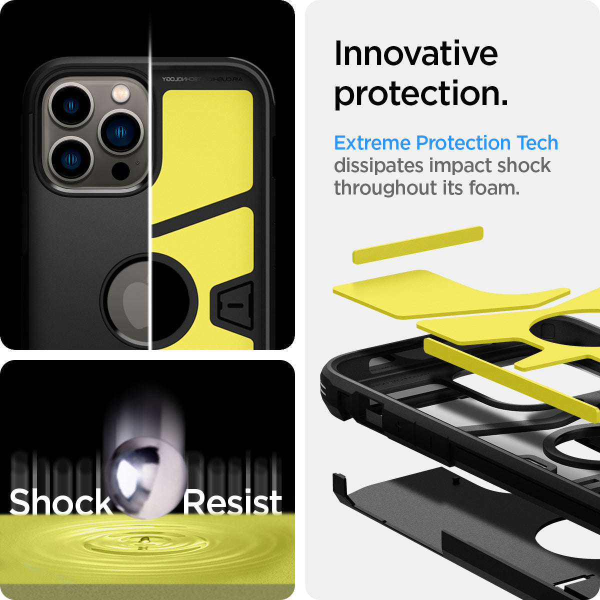 ACS03222 - iPhone 13 Pro Max Case Tough Armor in gunmetal showing the innovative protection. Extreme Protection Tech. Extreme Protection Tech dissipates impact shock throughout is foam