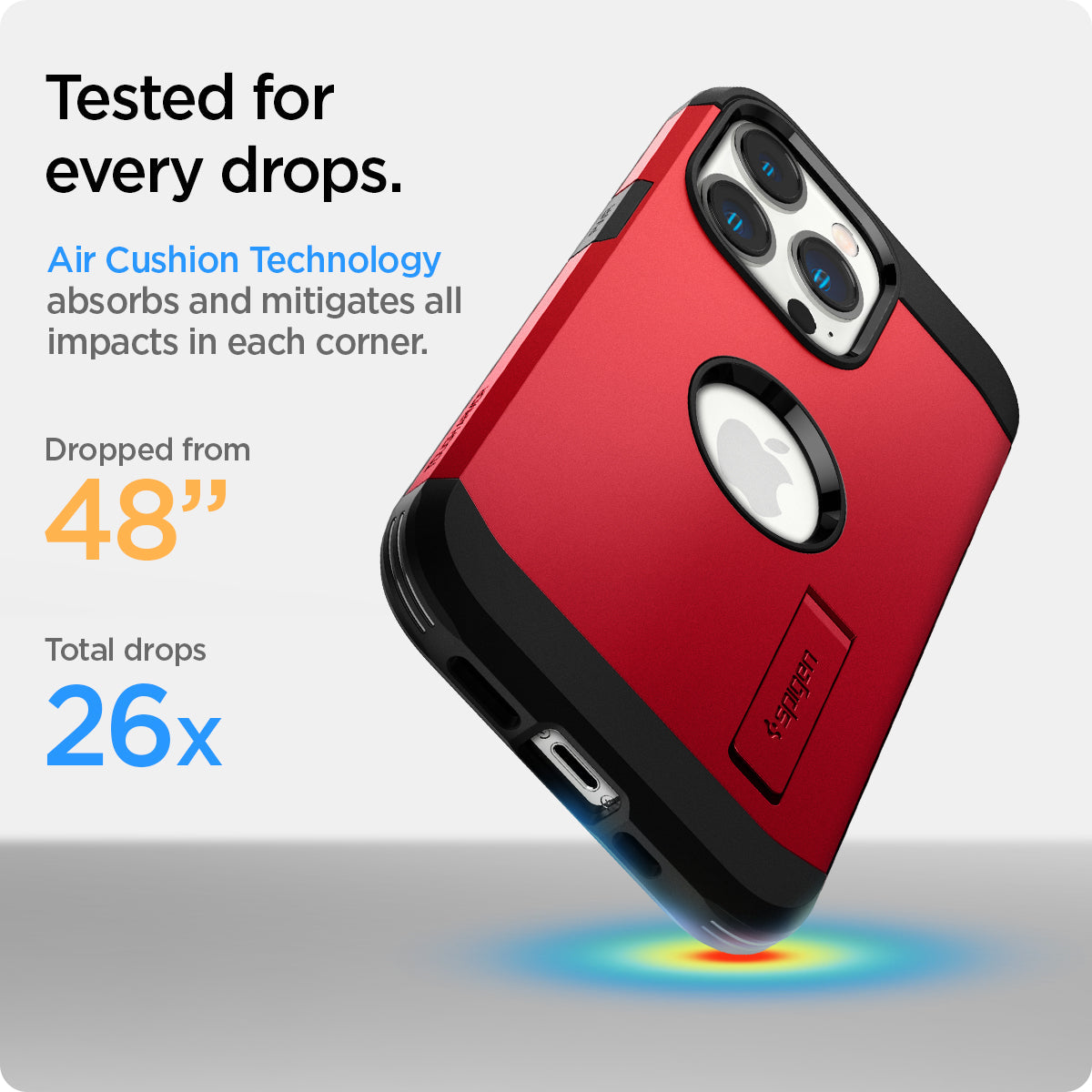 ACS03224 - iPhone 13 Pro Max Case Tough Armor in red showing tested for every drops. Air Cushion Technology absorbs and mitigates all impacts in each corner. Dropped from 48" | Total drops 26x