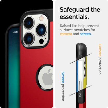 ACS03224 - iPhone 13 Pro Max Case Tough Armor in red showing the safeguard the essentials. Raised lips help prevent surfaces scratches for camera and screen.