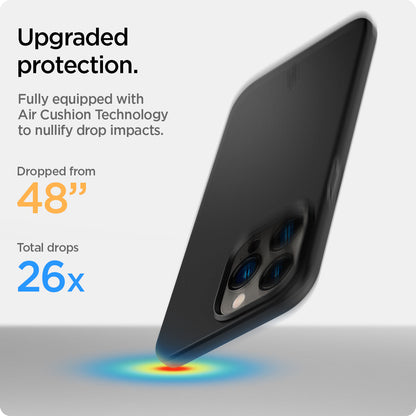 ACS03674 - iPhone 13 Pro Max Case Thin Fit in black showing the upgraded protection. Fully equipped with Air Cushion Technology to nullify drop impacts. Dropped from 48" | Total drops 26x