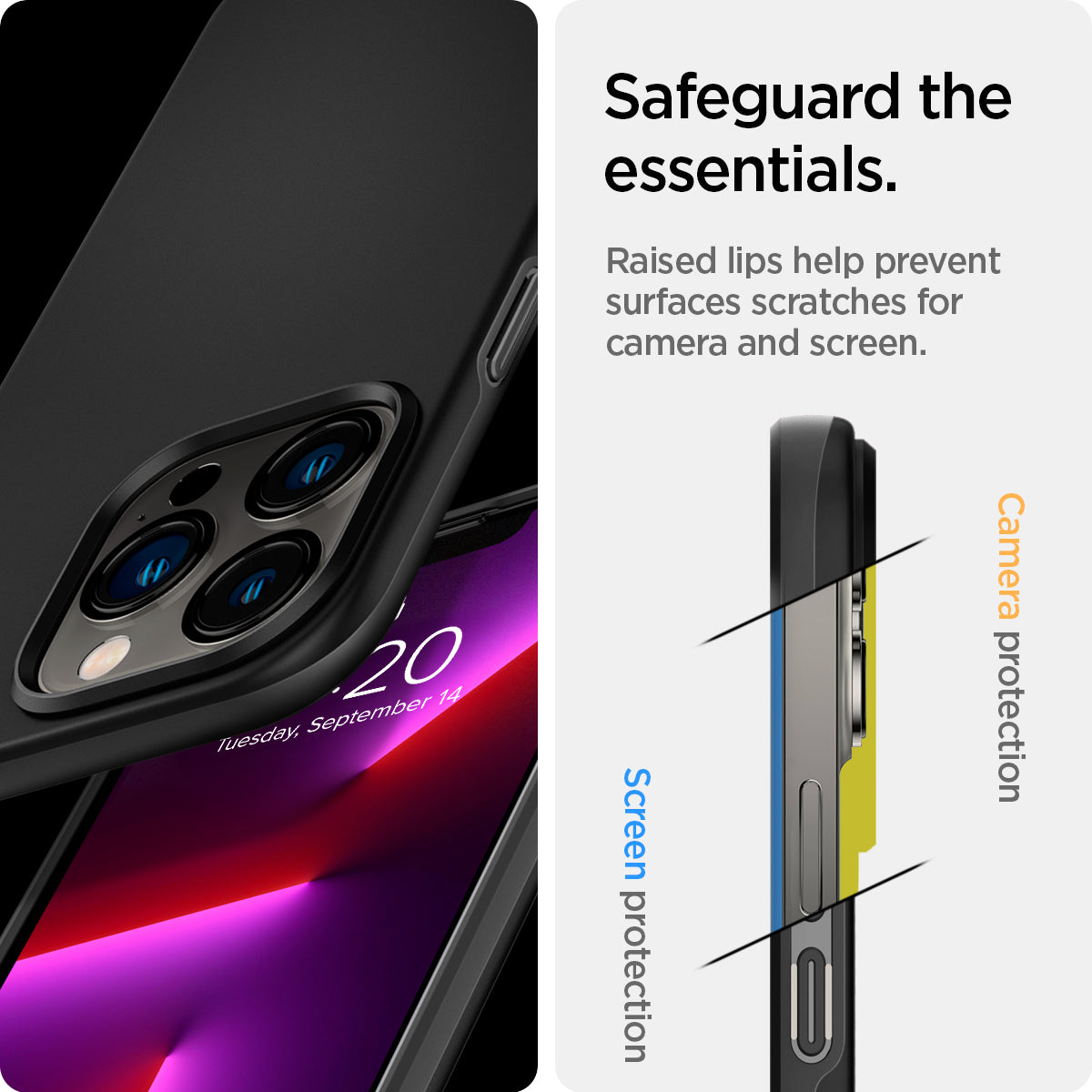 ACS03674 - iPhone 13 Pro Max Case Thin Fit in black showing the raised lips help prevent surfaces scratches for camera and screen. Screen protection and Camera protection