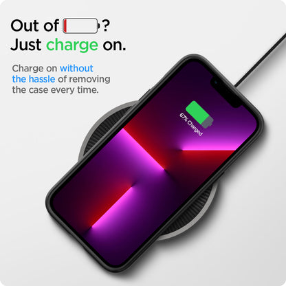 ACS03674 - iPhone 13 Pro Max Case Thin Fit in black showing charging on without the hassle of removing the case every time