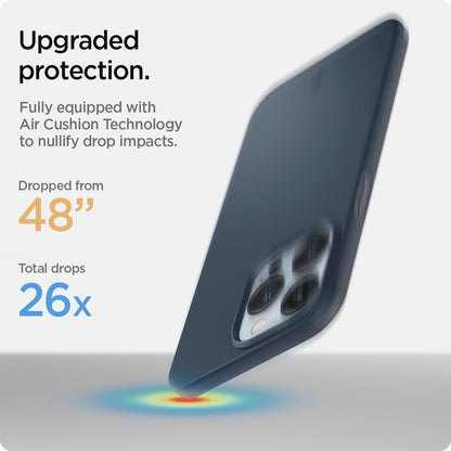 ACS03192 - iPhone 13 Pro Max Case Thin Fit in metal slate showing the upgraded protection. Fully equipped with Air Cushion Technology to nullify drop impacts. Dropped from 48" | Total drops 26x