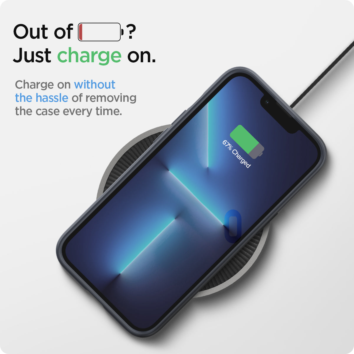 ACS03192 - iPhone 13 Pro Max Case Thin Fit in metal slate showing charging on without the hassle of removing the case every time