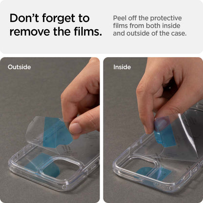 ACS04131 - iPhone 13 Pro Max Case Ultra Hybrid in sierra blue showing peeling off the protective films from both inside and outside of the case