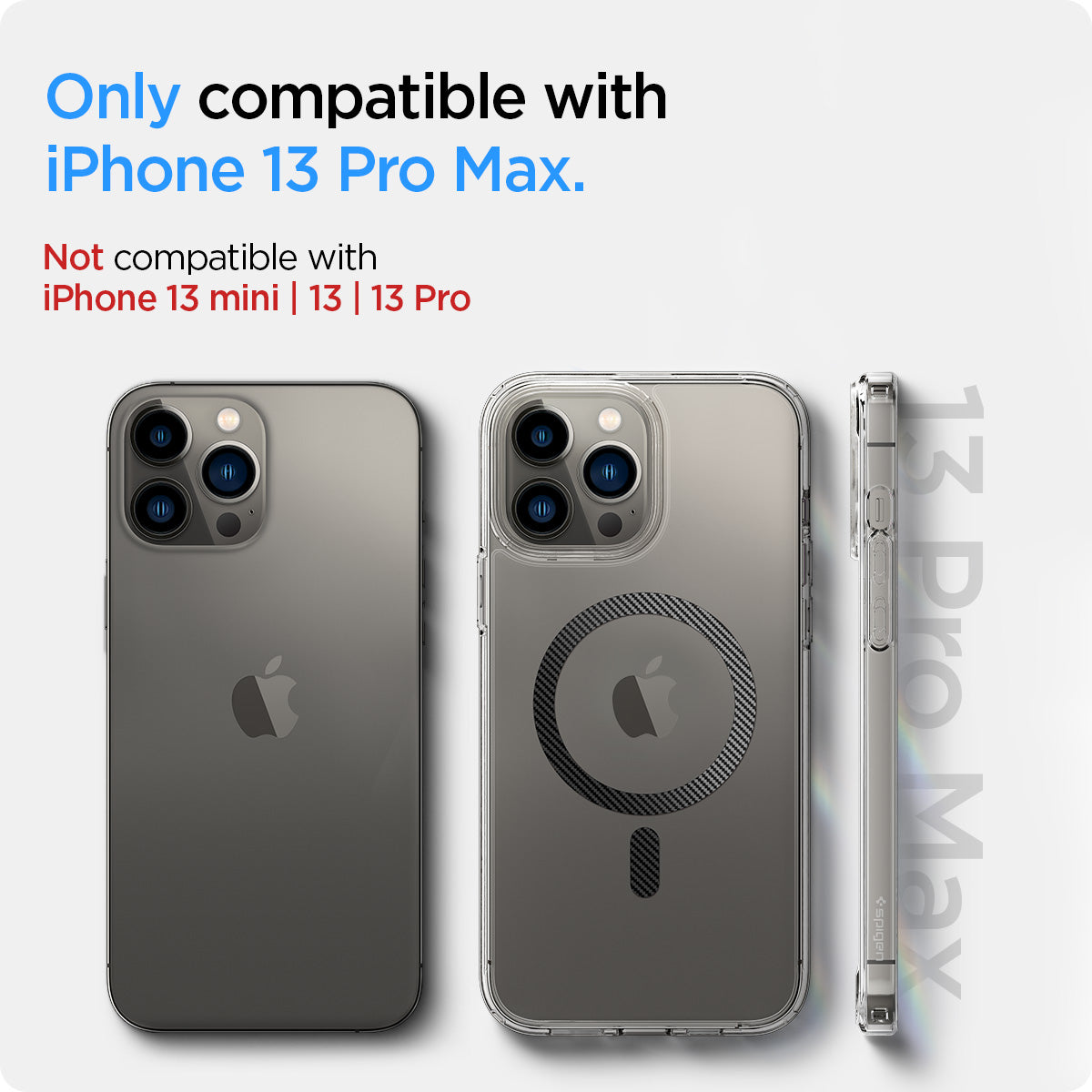 ACS04084 - iPhone 13 Pro Max Case Ultra Hybrid Mag (MagFit) in carbon fiber showing the compatibility only with iPhone 13 Pro Max. Not compatible with iPhone 13 mini | 13 | 13 Pro