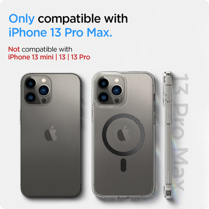 ACS04084 - iPhone 13 Pro Max Case Ultra Hybrid Mag (MagFit) in carbon fiber showing the compatibility only with iPhone 13 Pro Max. Not compatible with iPhone 13 mini | 13 | 13 Pro