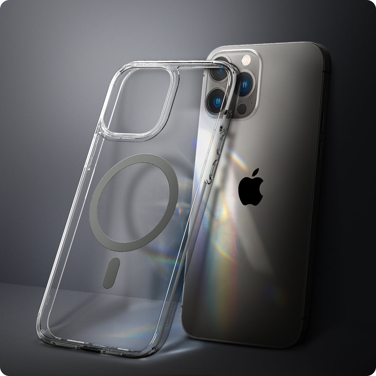 ACS03211 - iPhone 13 Pro Max Case Ultra Hybrid Mag Safe Compatible in graphite showing the back of the case leaning against the back of the device