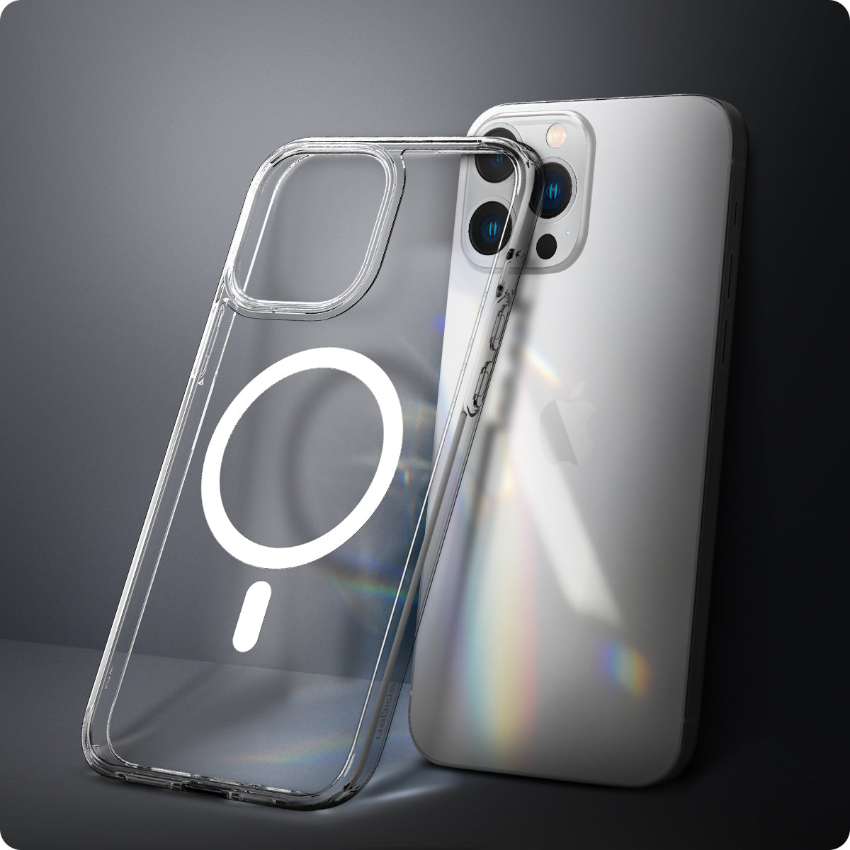 ACS03210 - iPhone 13 Pro Max Case Ultra Hybrid Mag Safe Compatible in white showing the back of the case leaning against the back of the device