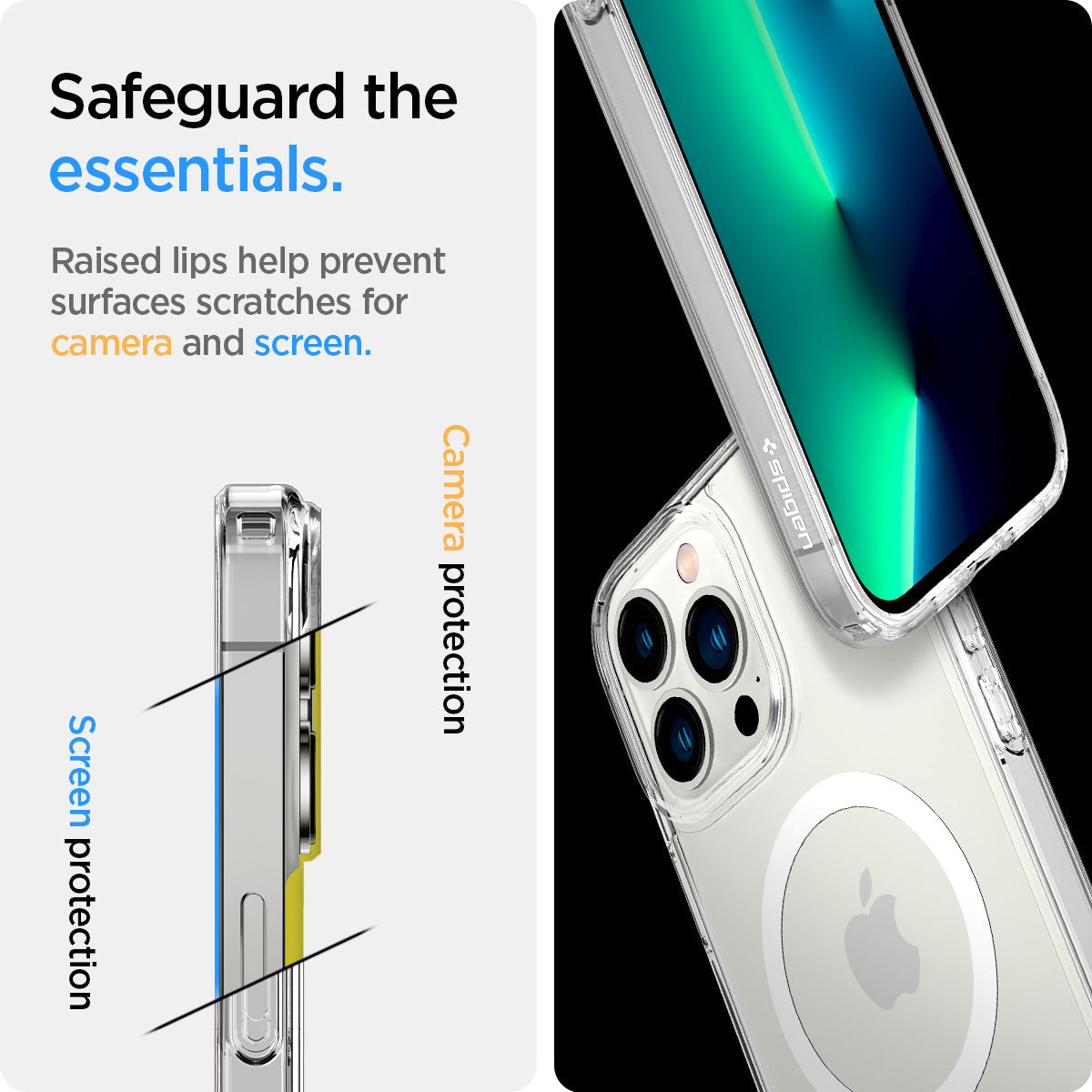 ACS03210 - iPhone 13 Pro Max Case Ultra Hybrid Mag Safe Compatible in white showing the raised lips help prevent surfaces scratches for camera and screen. Screen protection and camera protection