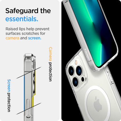 ACS03210 - iPhone 13 Pro Max Case Ultra Hybrid Mag Safe Compatible in white showing the raised lips help prevent surfaces scratches for camera and screen. Screen protection and camera protection