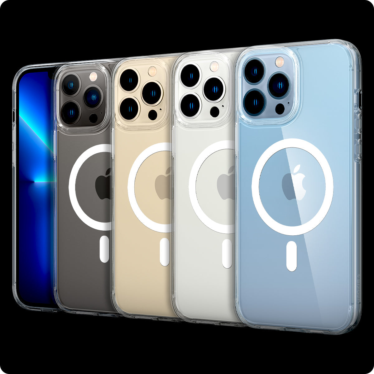 ACS03210 - iPhone 13 Pro Max Case Ultra Hybrid Mag Safe Compatible in white showing the multiple cases back and partial front showcasing different colors of the devices