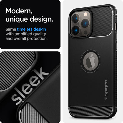 ACS03257 - iPhone 13 Pro Case Rugged Armor in black showing the modern, unique design. Same timeless design with amplified quality and overall protection