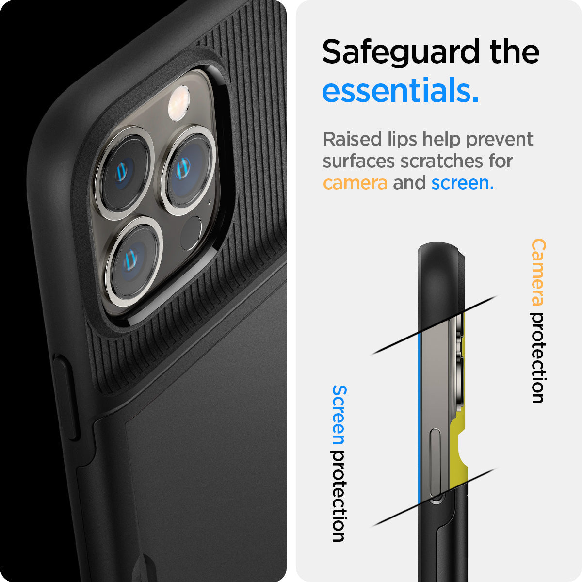 ACS03536 - iPhone 13 Case Slim Armor CS in black showing safeguard the essentials. Raised lips help prevent surfaces scratches or camera and screen