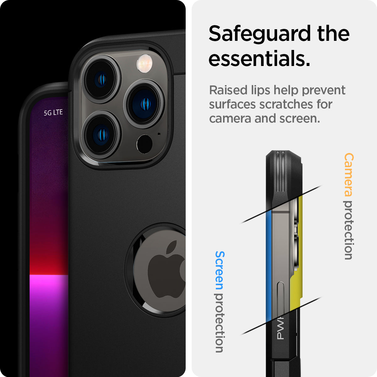 ACS03277 - iPhone 13 Pro Case Tough Armor in black showing safeguard the essentials. Raised lips help prevent surfaces scratches for camera and screen.