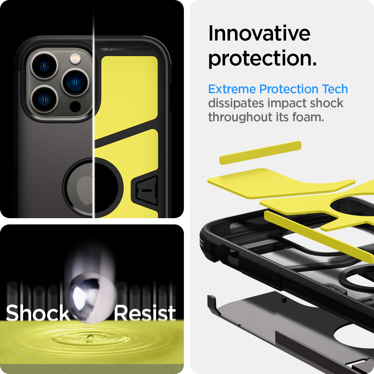 ACS03276 - iPhone 13 Pro Case Tough Armor in gunmetal showing the innovative protection. Extreme Protection Tech dissipates impact shock throughout its foam
