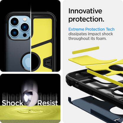 ACS03279 - iPhone 13 Pro Case Tough Armor in navy blue showing the innovative protection. Extreme Protection Tech dissipates impact shock throughout its foam