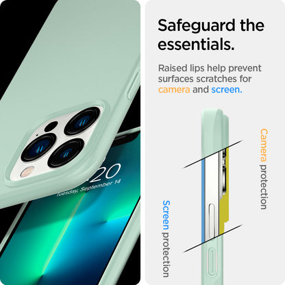 ACS03493 - iPhone 13 Pro Case Thin Fit in apple mint showing the raised lips help prevent surfaces scratches for camera and screen. Screen protection and Camera protection