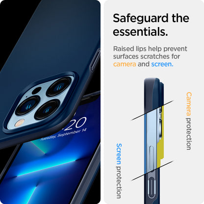 ACS03250 - iPhone 13 Pro Case Thin Fit in navy blue showing the raised lips help prevent surfaces scratches for camera and screen. Screen protection and Camera protection