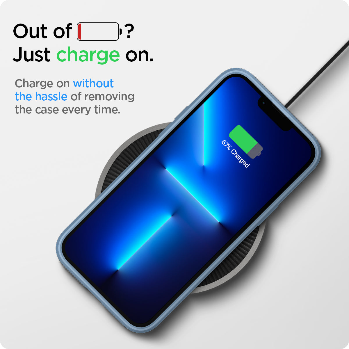 ACS04132 - iPhone 13 Pro Case Ultra Hybrid in sierra blue showing the charging on without the hassle of removing the case every time