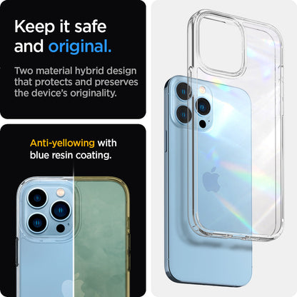 ACS03261 - iPhone 13 Pro Case Ultra Hybrid in crystal clear showing the two material hybrid design that protects and preserves the device's originality. Anti-yellowing with blue resin coating