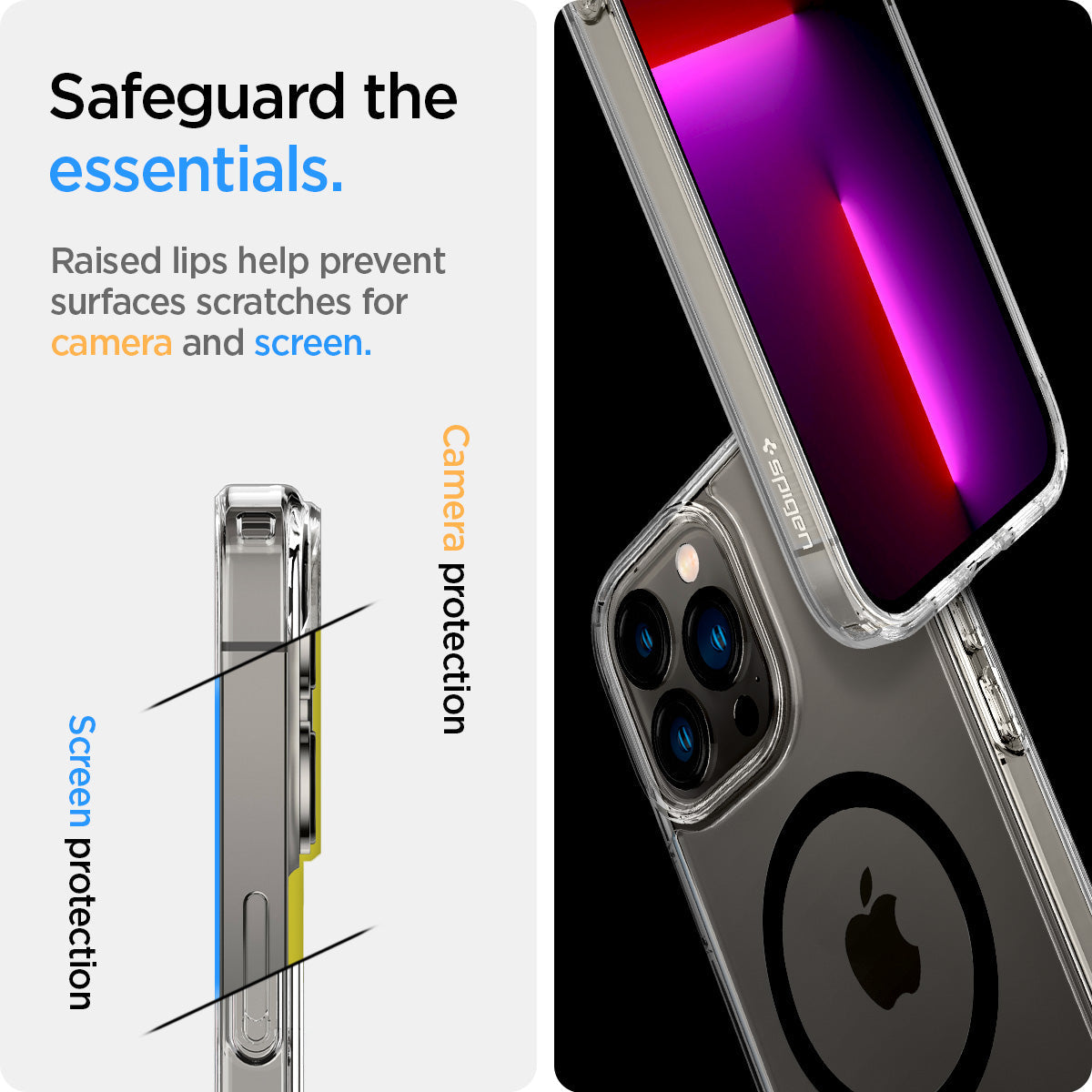 ACS03268 - iPhone 13 Pro Case Ultra Hybrid Zero One (MagFit) showing the raised lips help prevent surfaces scratches for camera and screen. Screen protection and camera protection