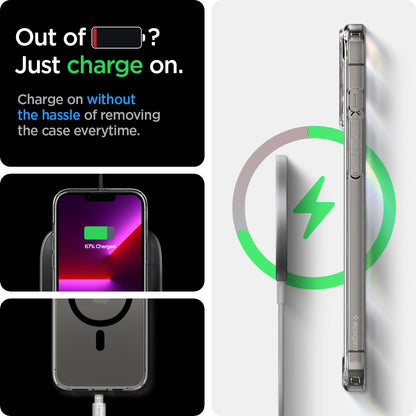 ACS03268 - iPhone 13 Pro Case Ultra Hybrid Zero One (MagFit) showing charging on without the hassle of removing the case every time