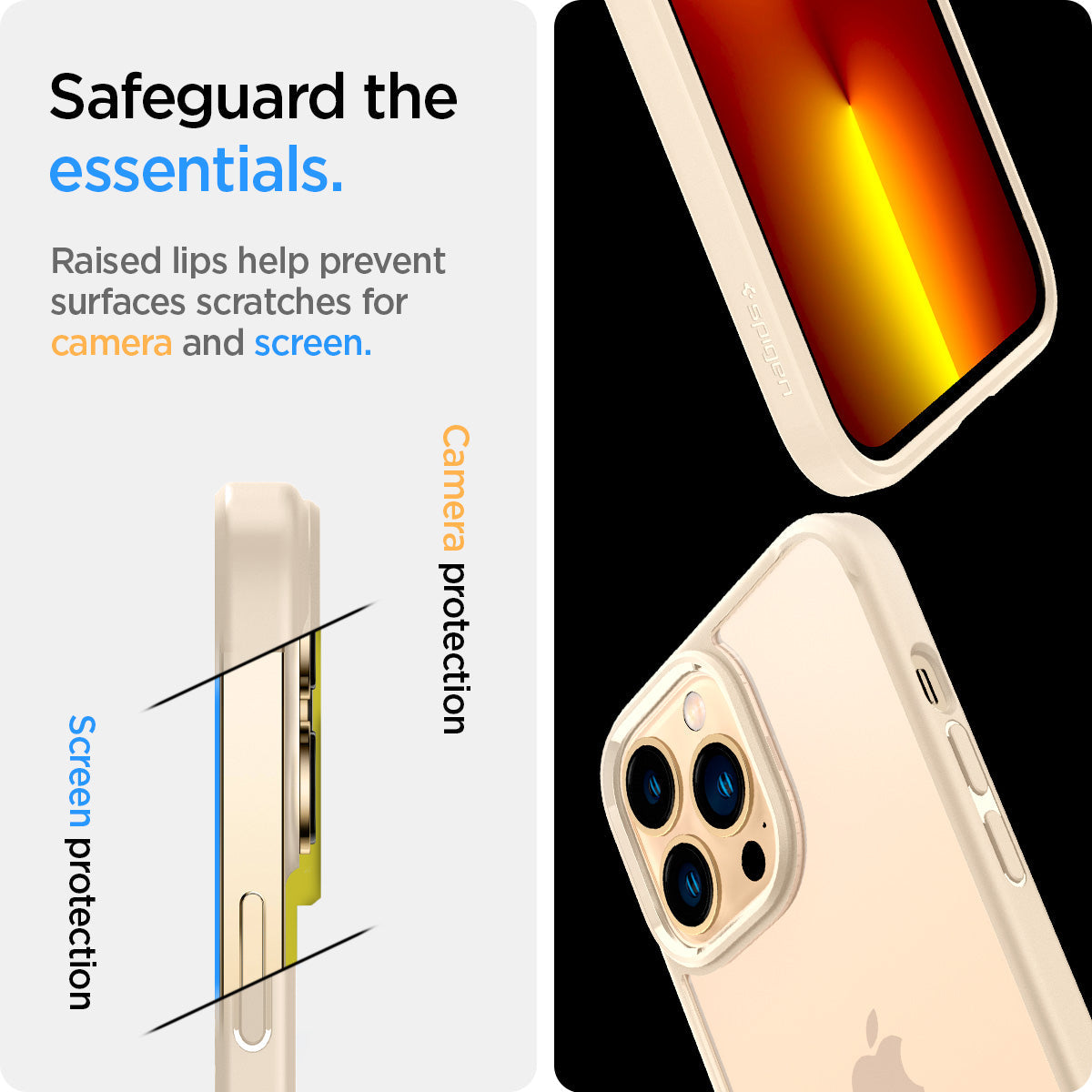 ACS03265 - iPhone 13 Pro Case Ultra Hybrid in sand beige showing the raised lips help prevent surfaces scratches for camera and screen. Screen protection and Camera protection