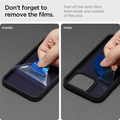 ACS03621 - iPhone 13 Pro Case Ultra Hybrid Matte in frost black showing peeling off both films form inside and outside of the case. Don't forget to remove the films