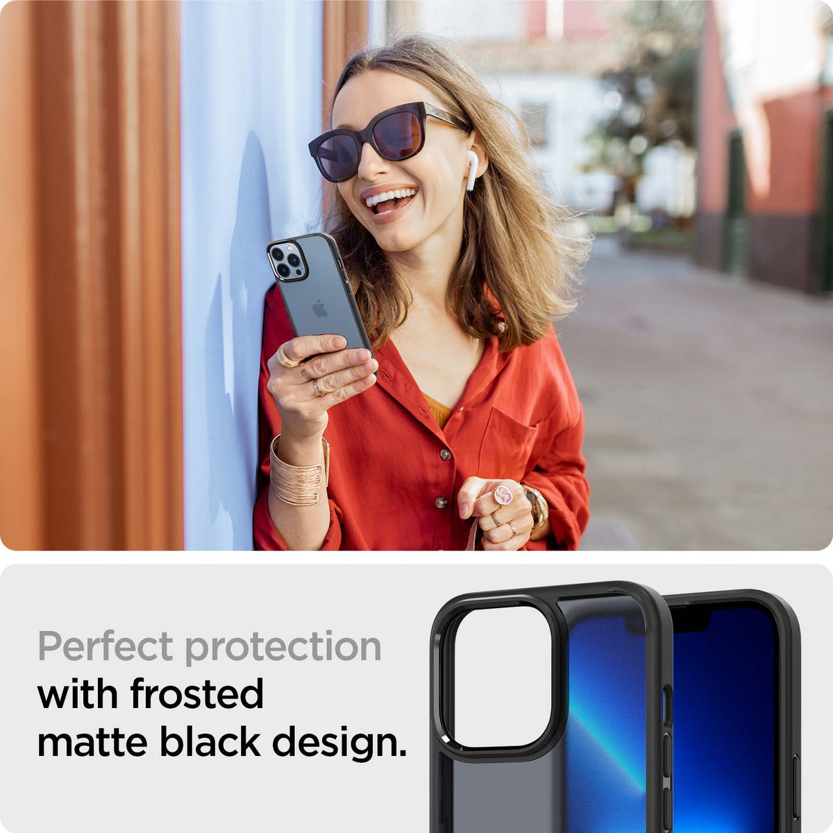 ACS03621 - iPhone 13 Pro Case Ultra Hybrid Matte in frost black showing the perfect protection with frosted matte black design