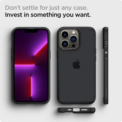 ACS03621 - iPhone 13 Pro Case Ultra Hybrid Matte in frost black showing the back, front, sides and bottom. Don't settle for just any case. Invest in something you want