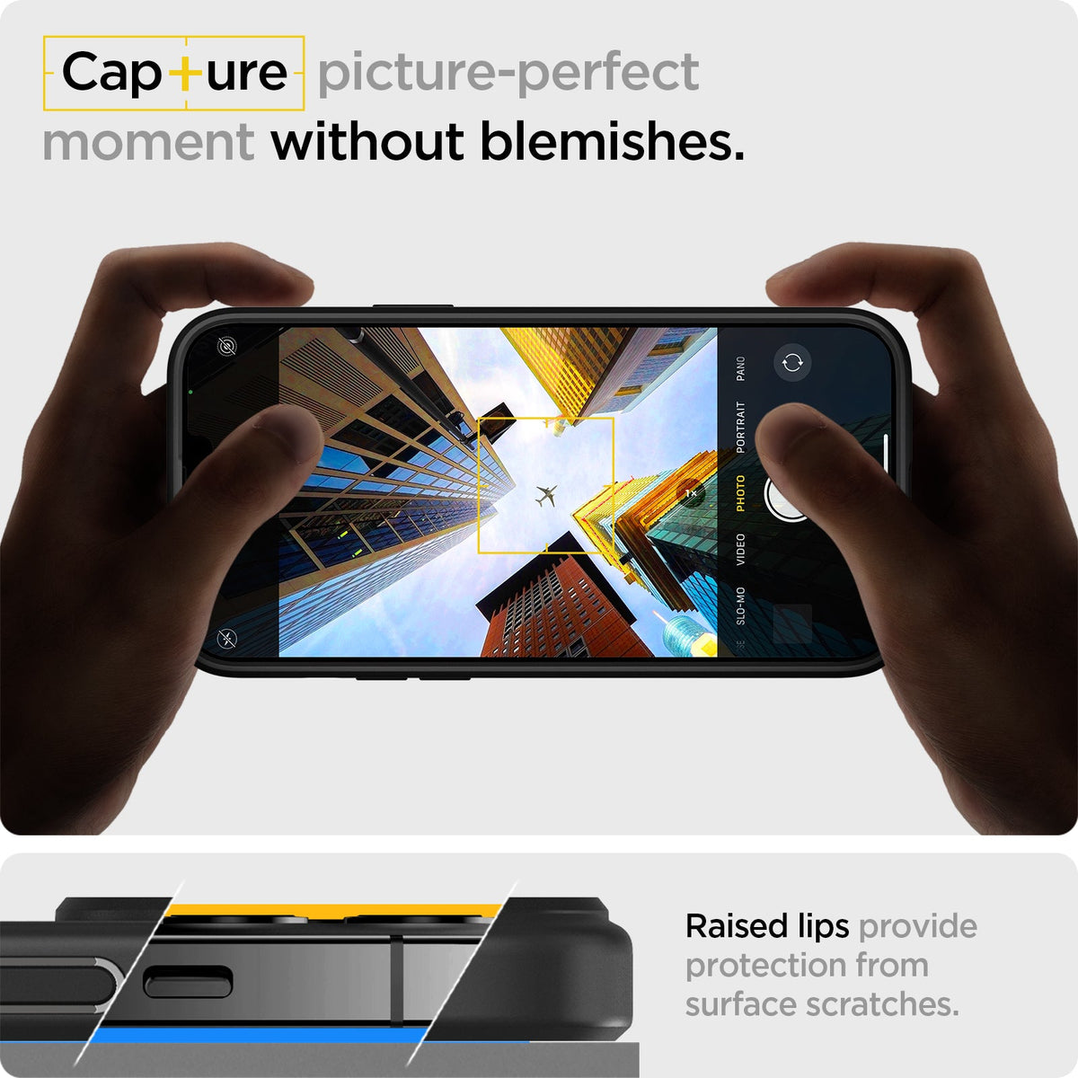 ACS03619 - iPhone 13 Pro Max Case Ultra Hybrid Matte in frost black showing the raised lips provide protection from surface scratches. Capture picture-perfect moment without blemishes