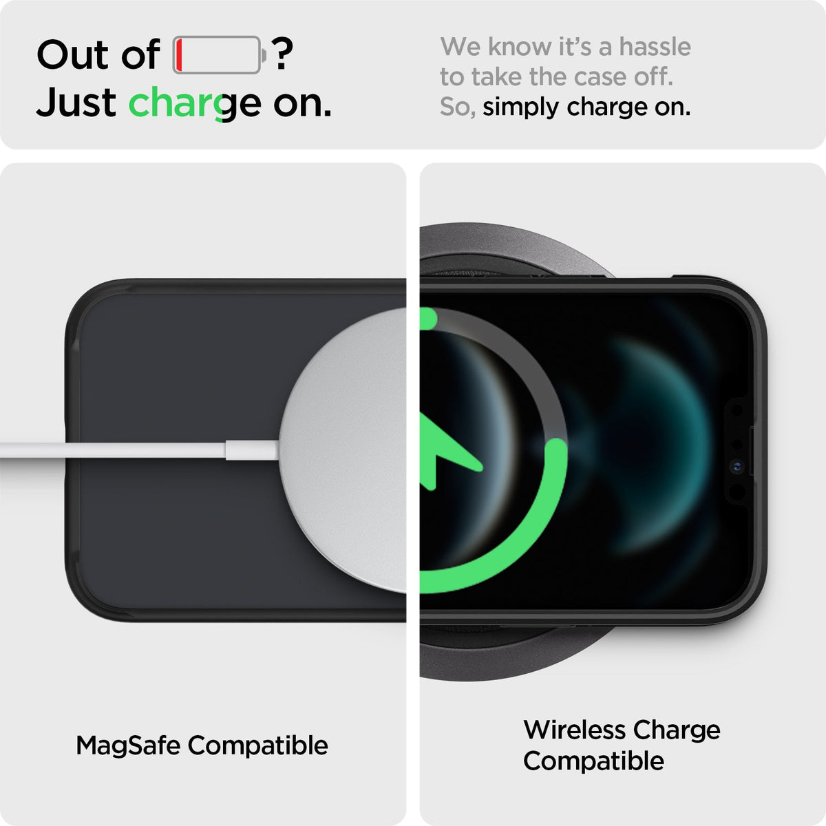ACS03619 - iPhone 13 Pro Max Case Ultra Hybrid Matte in frost black showing the simply charge on. MagSafe compatible. Wireless Charge compatible