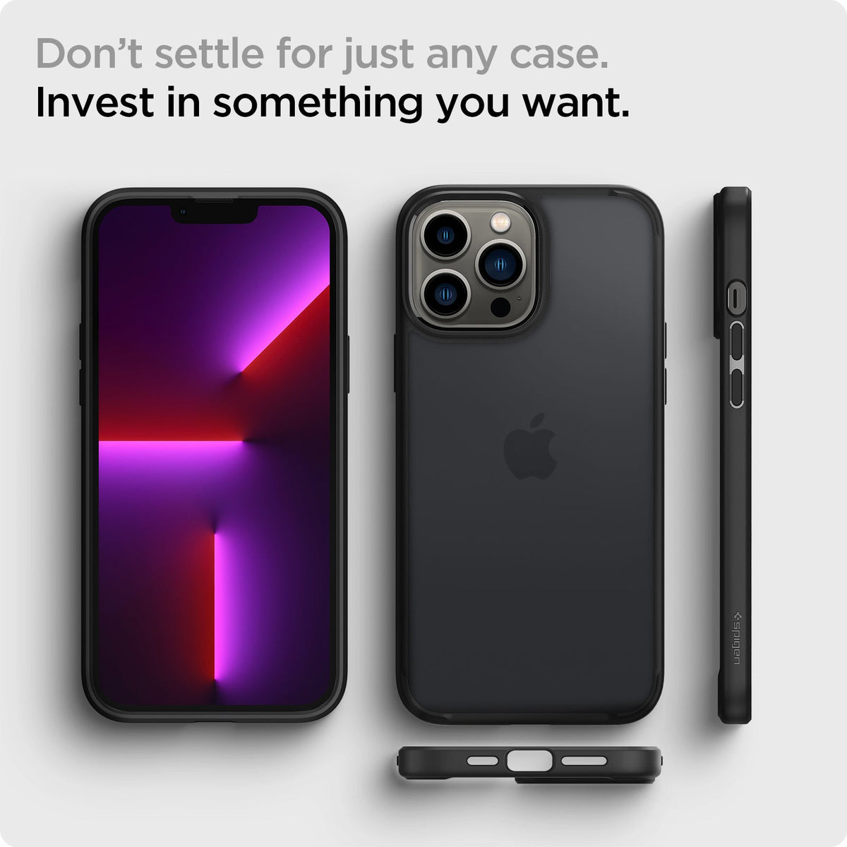 ACS03619 - iPhone 13 Pro Max Case Ultra Hybrid Matte in frost black showing the back, front, sides and bottom. Don't settle for just any case. Invest in something you want