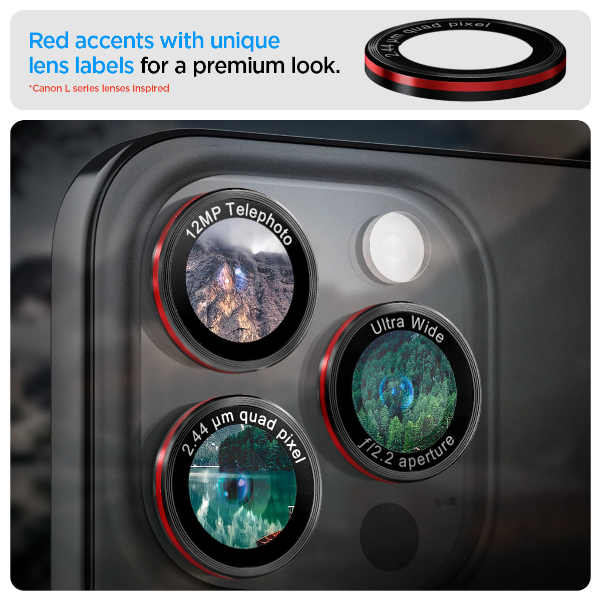 AGL05217 - iPhone 15 Pro / 15 Pro Max Optik Pro Lens Protector L-series red accents with unique lens labels for a premium look.