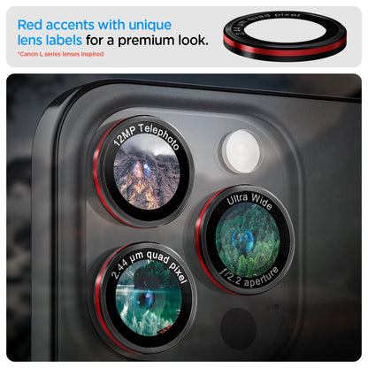 AGL05217 - iPhone 15 Pro / 15 Pro Max Optik Pro Lens Protector L-series red accents with unique lens labels for a premium look.