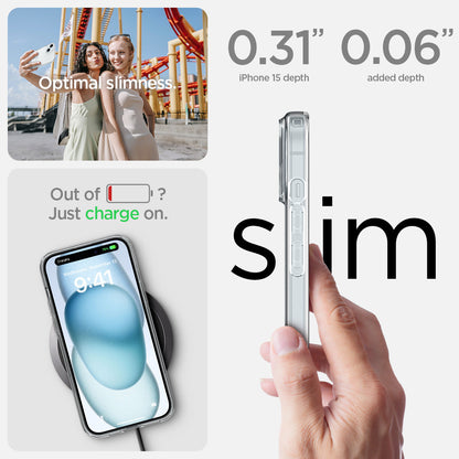 ACS06786 - iPhone 15 Case Liquid Crystal in crystal clear showing the optimal slimness. 0.31" iPhone 15 depth | 0.06" added depth