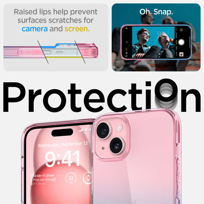 ACS06787 - iPhone 15 Case Liquid Crystal in gradation pink showing the raised lips help prevent surfaces scratches for camera and screen