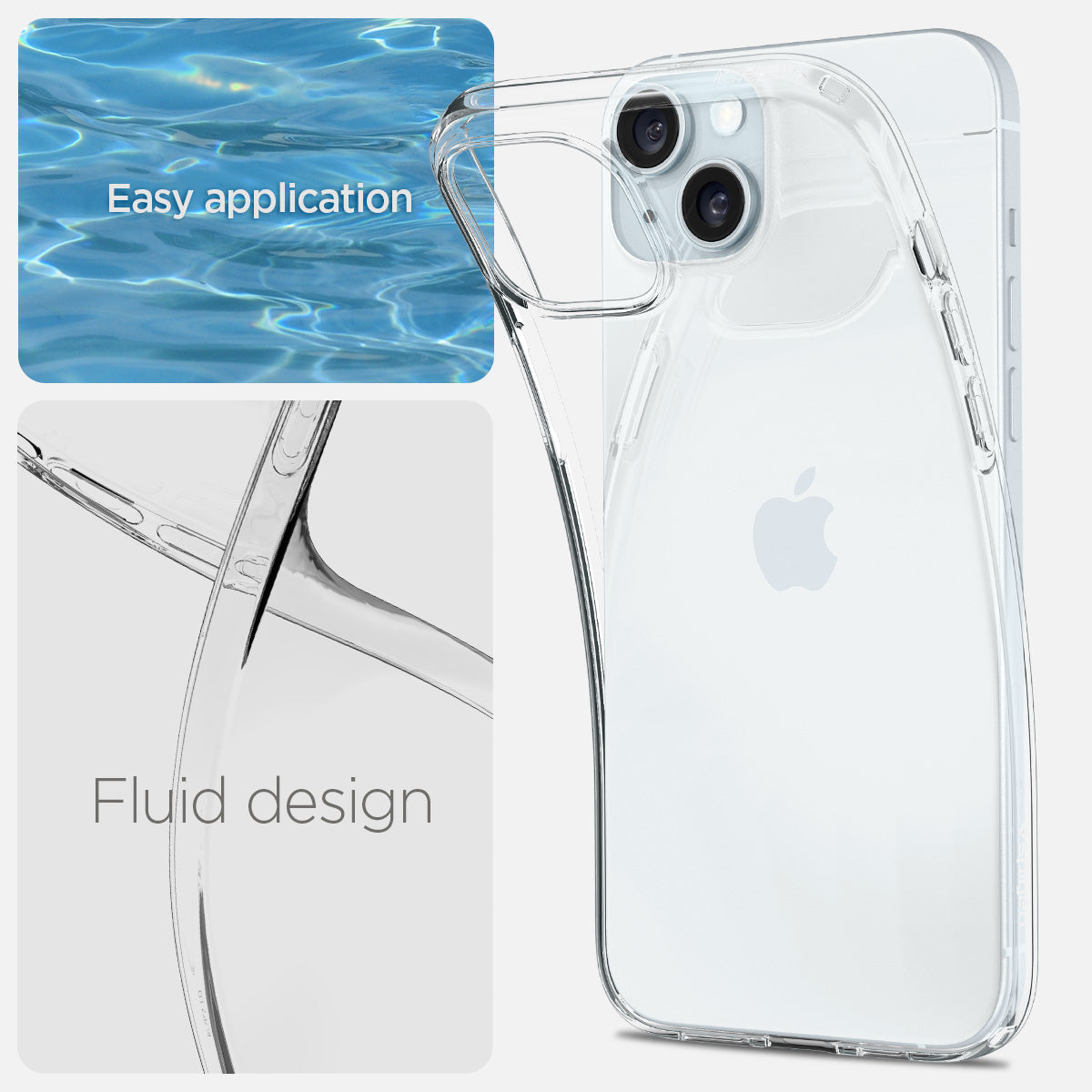 ACS06647 - iPhone 15 Plus Case Liquid Crystal in crystal clear showing the easy application with fluid design