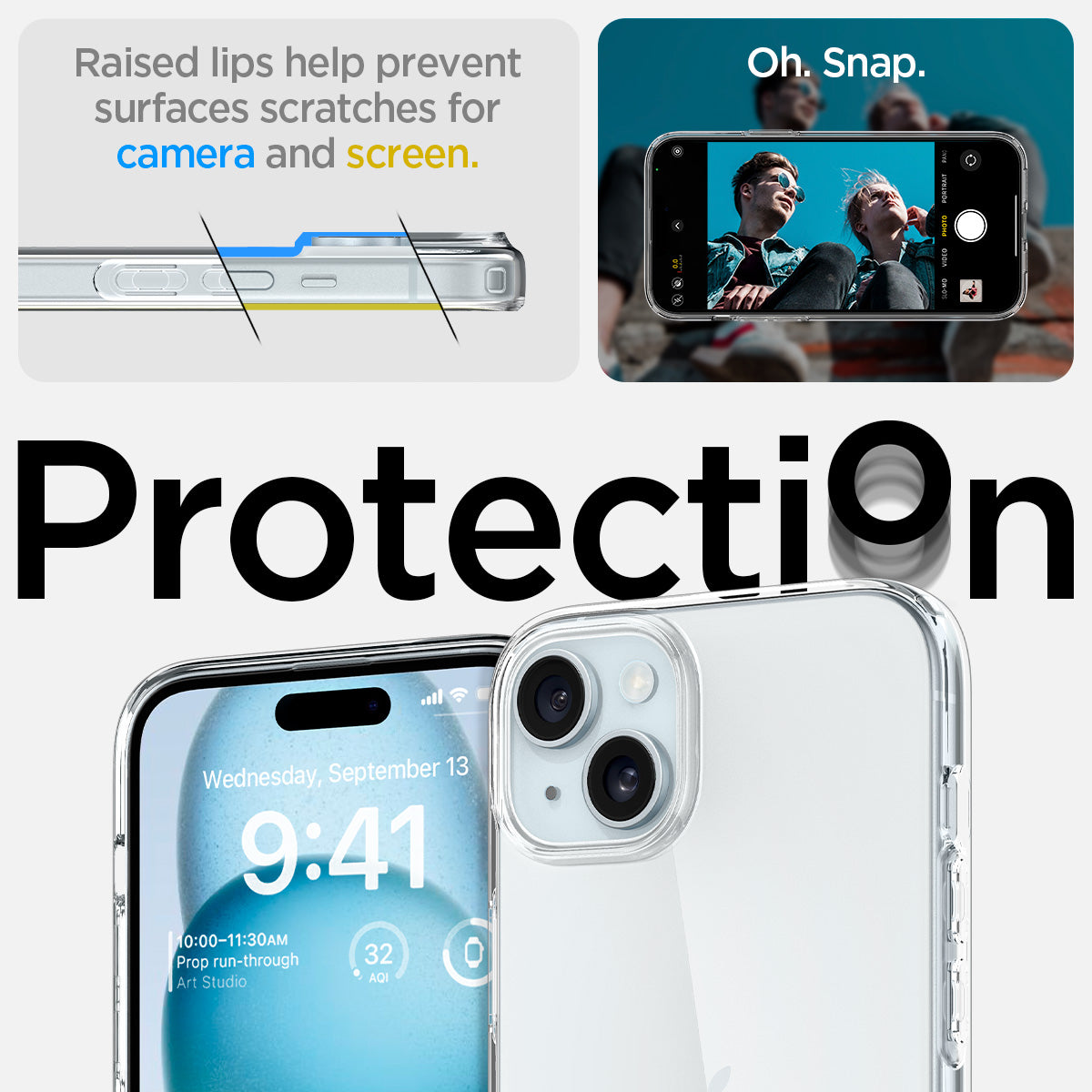 ACS06647 - iPhone 15 Plus Case Liquid Crystal in crystal clear showing the raised lips help prevent surfaces scratches for camera and screen