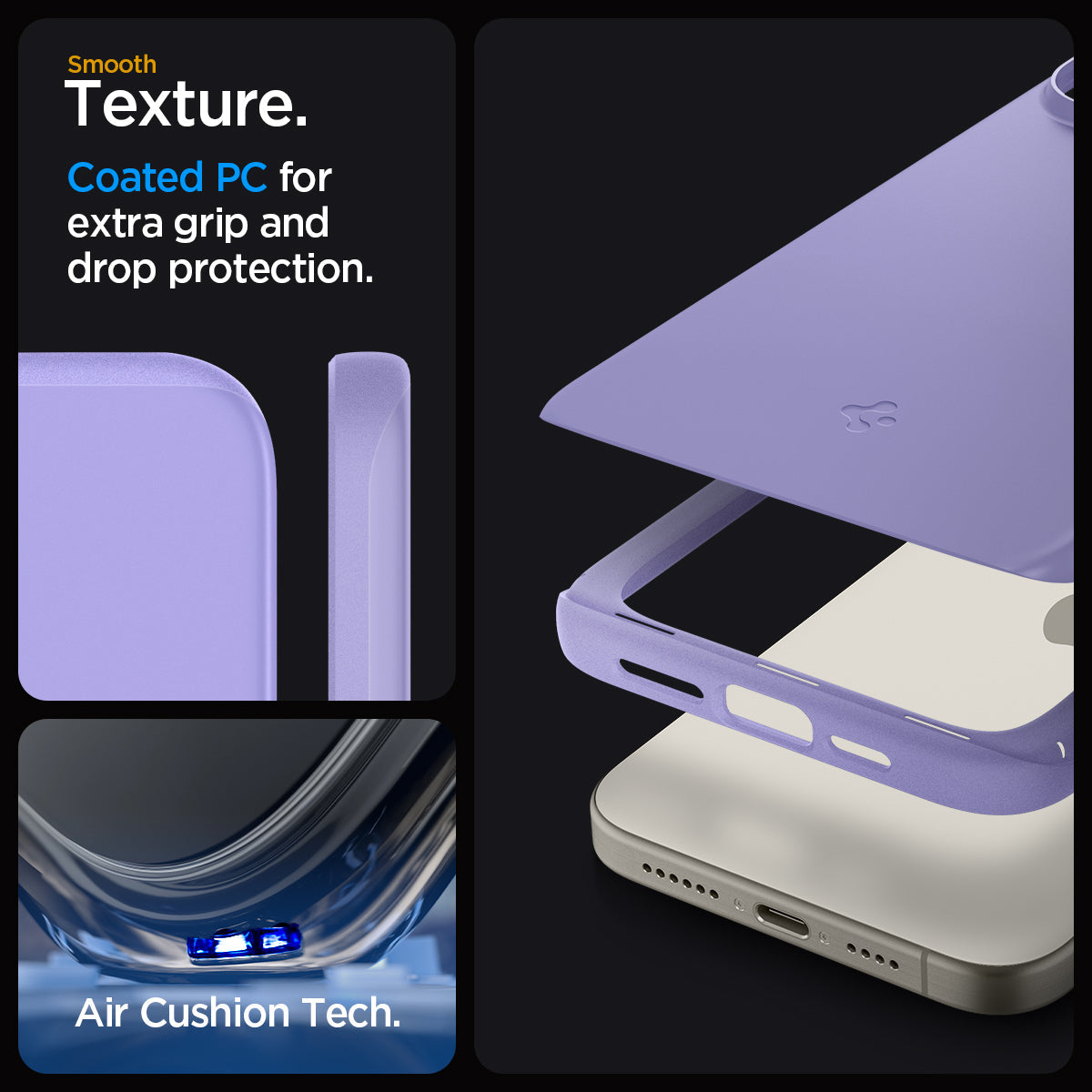 ACS06692 - iPhone 15 Pro Case Thin Fit in iris purple smooth texture. Coated PC for extra grip and drop protection. Aircushion tech.