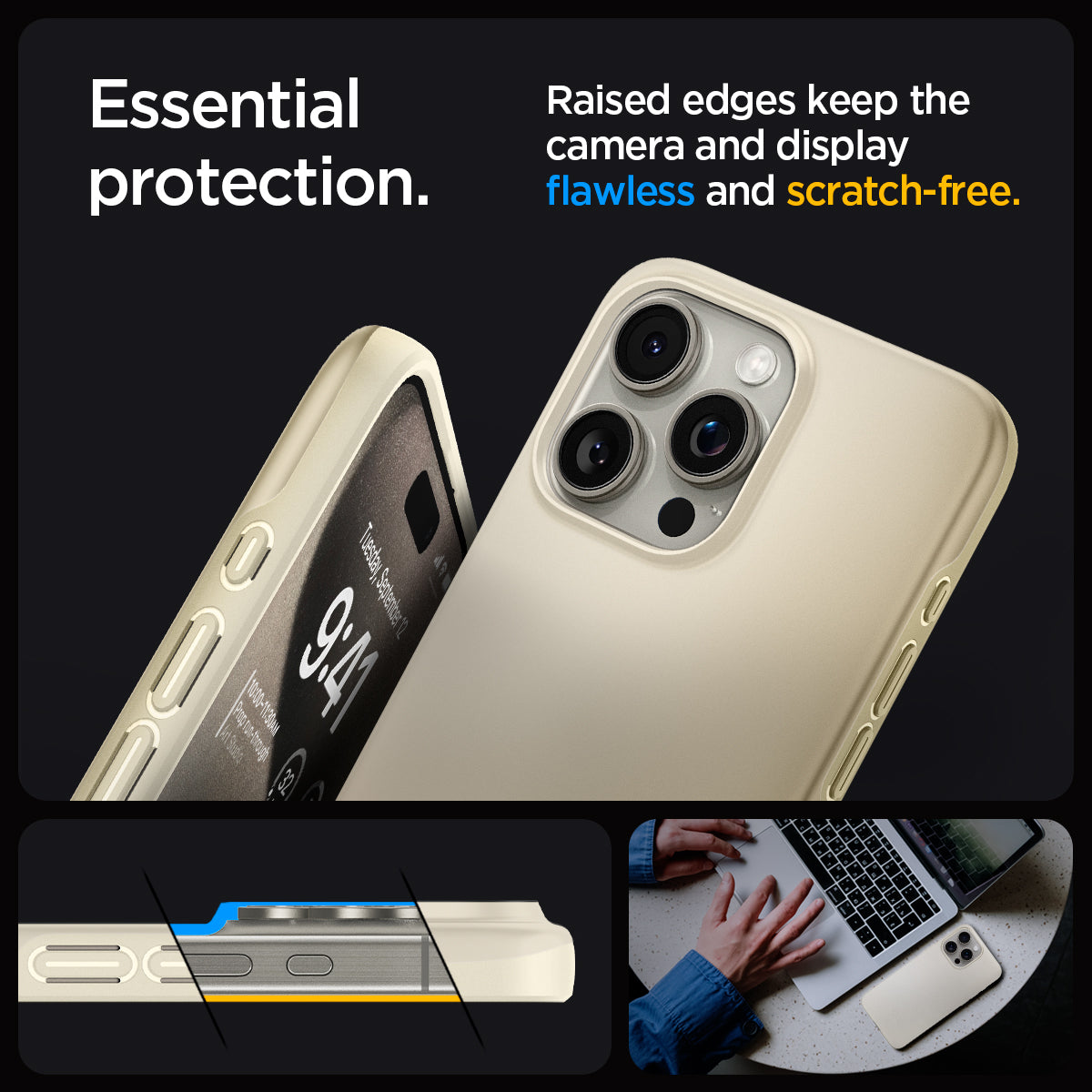 ACS06694 - iPhone 15 Pro Case Thin Fit in mute beige essential protection. Raised edges keep the camera and display flawless and scratch free.