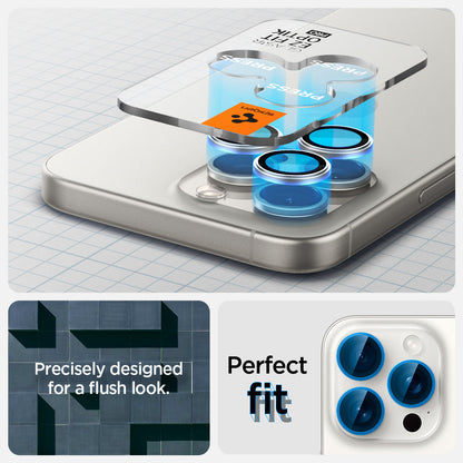 AGL07165 - iPhone 16 Pro / 16 Pro Max Optik Pro Lens Protector in white titanium showing the perfect fit. Precisely designed for a flush look