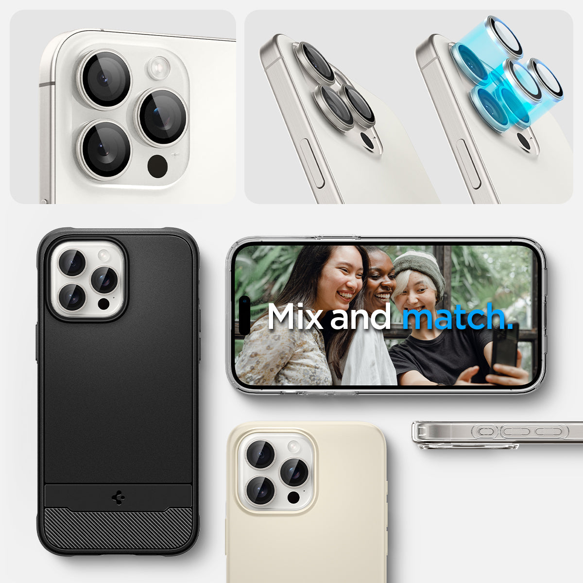 AGL07165 - iPhone 16 Pro / 16 Pro Max Optik Pro Lens Protector in white titanium showing the mix and match